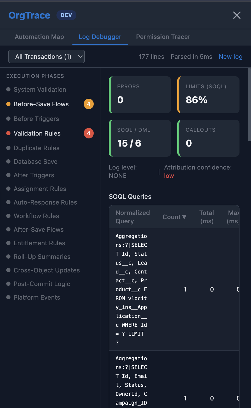 Log Debugger showing governor limit analysis