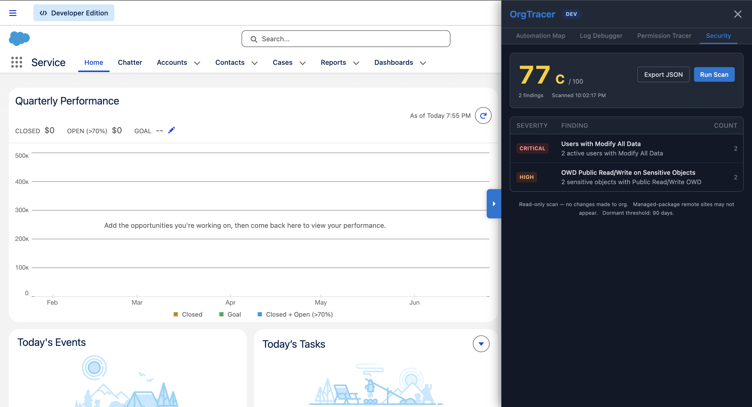 Security Auditor showing org security score, grade, and findings list